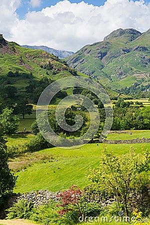 Langdale Valley Lake District Cumbria with mountains and blue sky Stock Photo