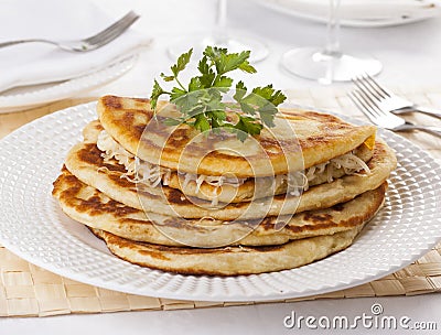 Langos Hungarian pancakes served at restaurant Stock Photo