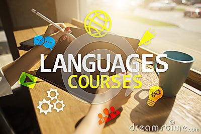 Language courses, Online learning, English shool, E-learning concept on virtual screen. Stock Photo