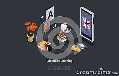 Language Learn App, Student Learn Foreign Language In Online School, Exam Preparation. Character Use Remote Service For Vector Illustration
