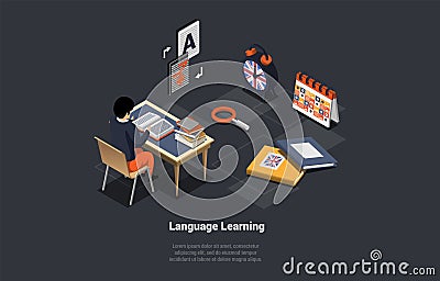 Language Learn App, Student Learn Foreign Language In Online School Sitting At Desktop. Character Use Remote Service For Vector Illustration