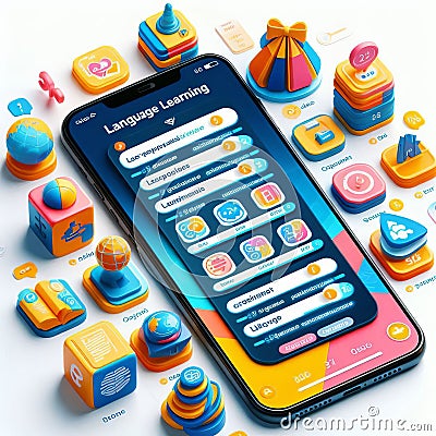 Language learning app interface with lessons, quizzes, and pror Stock Photo