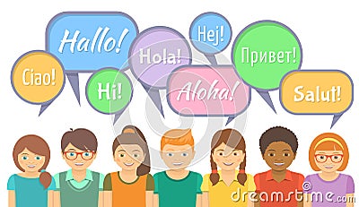 Language School with Happy Kids saying Hello Vector Illustration