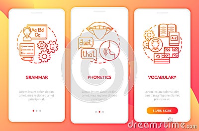 Language studying categories onboarding mobile app page screen with concepts Vector Illustration