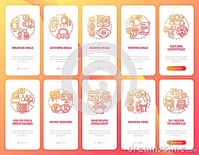 Language studying onboarding mobile app page screen with concepts set Vector Illustration