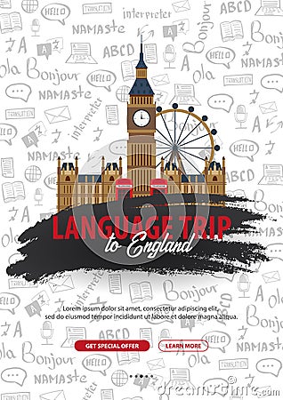 Language trip, tour, travel to England. Learning Languages. Vector illustration with hand-draw doodle elements on the Vector Illustration