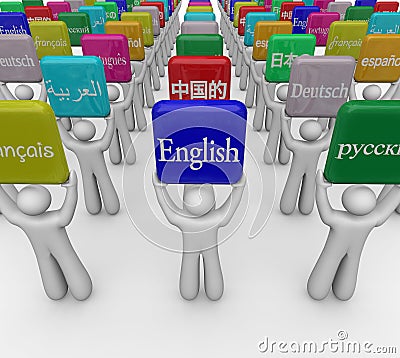 Languages Word Signs Held by People Translating Foreign International Meanings Stock Photo