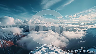 Lanscape shot, panoramic alpine view of low cloudy valley from the top of the mountain to the cliff Stock Photo