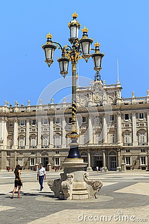 Lantern in the Arms Square of Madrid Editorial Stock Photo