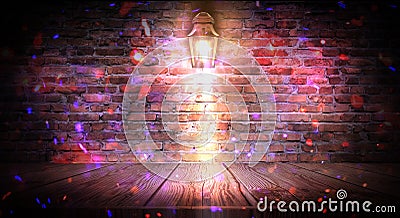 Lantern on the building, night, neon, spotlight, smoke. Background of an empty old brick wall. Stock Photo
