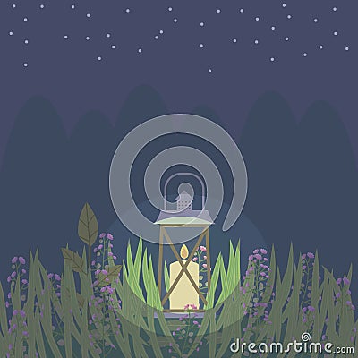 Lantern burning with a candle on a clearing in the grass dark blue night forest sky with stars vector illustration background Vector Illustration