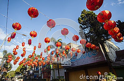 Lantern decoration on the highway in front of the Hok Tek Bio Temple in Salatiga City Editorial Stock Photo