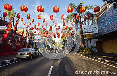 Lantern decoration on the highway in front of the Hok Tek Bio Temple in Salatiga City Editorial Stock Photo