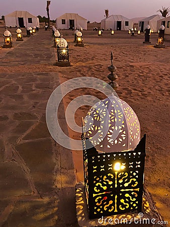 The lantern at the desert camp at night in Sahara Desert, Morocco Stock Photo
