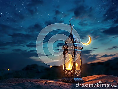 Lantern in the desert at night. Ramadan Kareem background Generative AI Cartoon Illustration