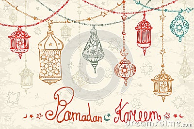 Lantern garland of Ramadan Kareem.Doodle card Vector Illustration