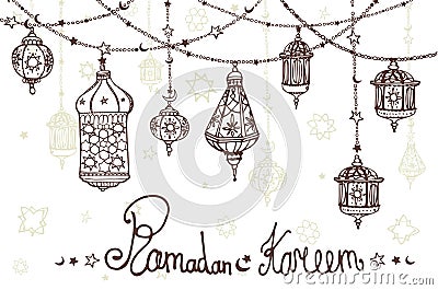 Lantern garland of Ramadan Kareem.Doodle greeting card Vector Illustration