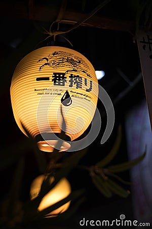 Lantern hangging overhead in Omoide Yokocho in Shinjuku. Portrait Orientation Editorial Stock Photo