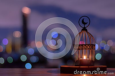 Lantern that have moon symbol on top put on wooden tray Stock Photo