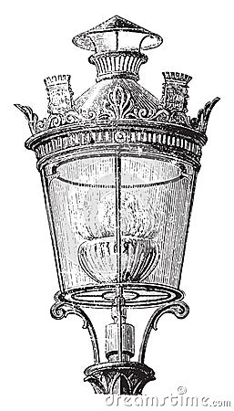 Lantern with intensive gas nozzle for lighting the streets of Paris in 1878, vintage engraving Vector Illustration