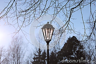 Lantern in the park in the spring sunlit by the sun. Stock Photo