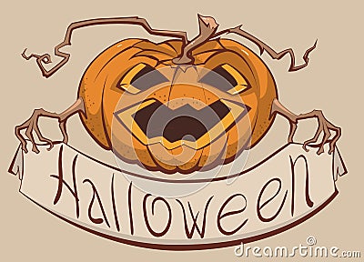 Lantern pumpkin holding a banner Halloween Vector Illustration