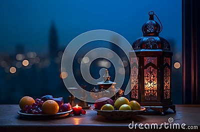 lantern with ramadan food on blurry city background.Eid-Ul-Adha festival celebration. Generative AI Stock Photo