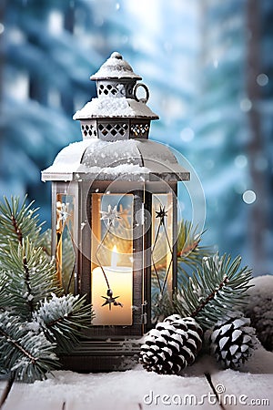 Lantern with yellow burning candle, pine cones and spruce branches. Stock Photo