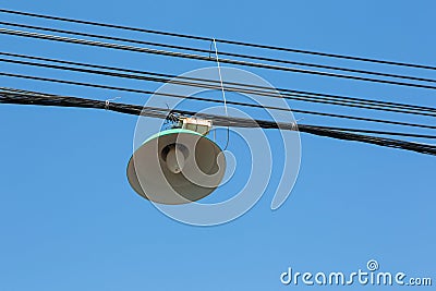 Lanterns on cables. Electrical cables and clutter Stock Photo