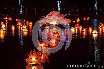 Lanterns float in a pond in Jaffna in Sri Lanka during the Vesak Festival. Stock Photo