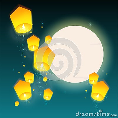 Lanterns floating at night sky with moon. Design banner for Chinese New Year , Mid Autumn Festival and Lantern festival. Vector Illustration