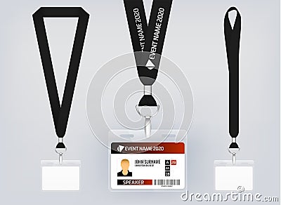 Lanyard design, realistic illustration. Identification card with ribbon. Metal closure and card with plastic. Accreditation for Vector Illustration