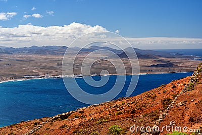 Lanzarote aerial view, La Caleta de Famara Spain Stock Photo