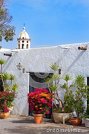 Lanzarote Teguise white village with church tower Stock Photo