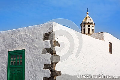 Lanzarote Teguise white village with church tower Stock Photo