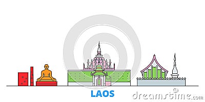Laos line cityscape, flat vector. Travel city landmark, oultine illustration, line world icons Vector Illustration
