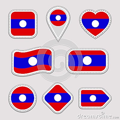 Laos flag stickers set. Laotian national symbols badges. Isolated geometric icons. Vector official flags collection Vector Illustration