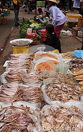 Laos: Luang Prabang chinese fish and food Market Editorial Stock Photo