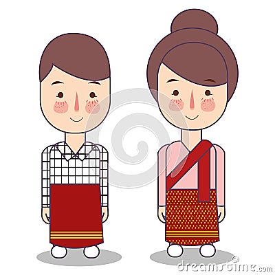 Laos wedding Couple, cute Indonesian traditional clothes costume bride and groom cartoon vector illustration Vector Illustration