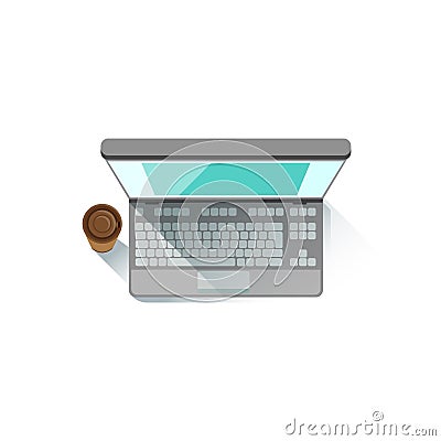 Lap Top An PAper Cup With Coffee Office Worker Desk Element, Part Of Workplace Tools And Stationary Collection Of Vector Illustration