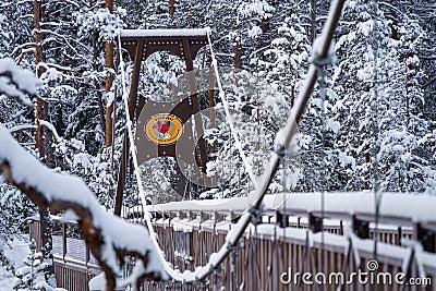 Lapinsalmi pylon bridge in winter. Repovesi National Park, Kouvola, Finland Editorial Stock Photo