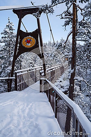 Lapinsalmi pylon bridge in winter. Repovesi National Park, Kouvola, Finland Editorial Stock Photo