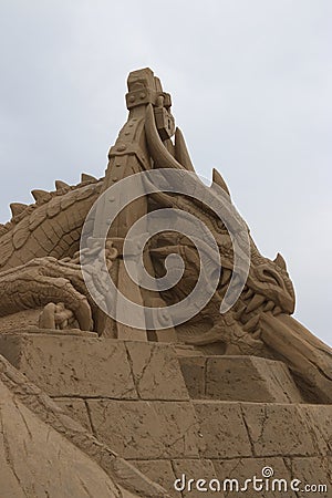 Lappeenranta. Enslaved dragon. Sand sculpture, right side view, close up Editorial Stock Photo