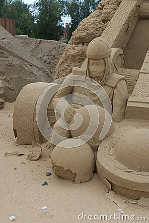 Lappeenranta. A soldier near the catapult. Sand sculpture, close up Editorial Stock Photo