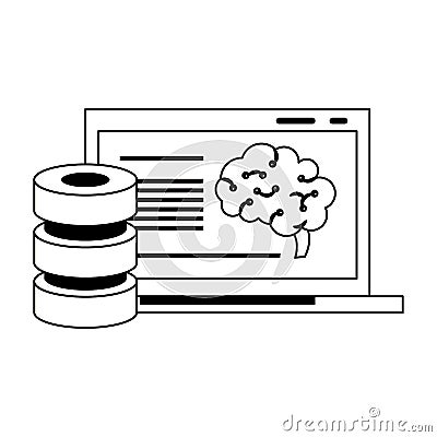 Laptop analizing human brain artificial intelligence in black and white Vector Illustration
