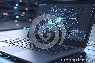 Laptop with Analytical Data and Big Data Technology Background, AI Generative Stock Photo