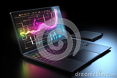 A laptop with analytical data and chart flows. 3D rendering illustration. Generative AI Cartoon Illustration