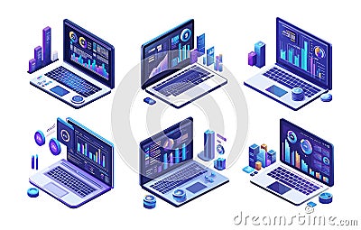 Laptop analytics isometric vector concepts. Notebook chart bars graphic diagrams graphs data columns business indicators Stock Photo