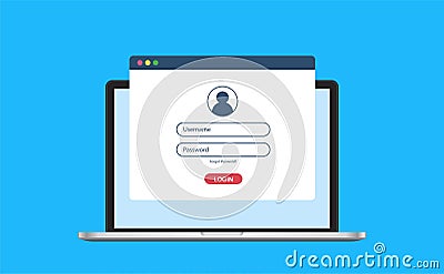 Laptop with authorization on browser page, login and password of the user to the system or account, vector illustration Vector Illustration
