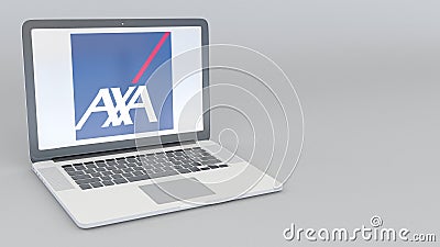 Laptop with AXA logo. Computer technology conceptual editorial 3D rendering Editorial Stock Photo